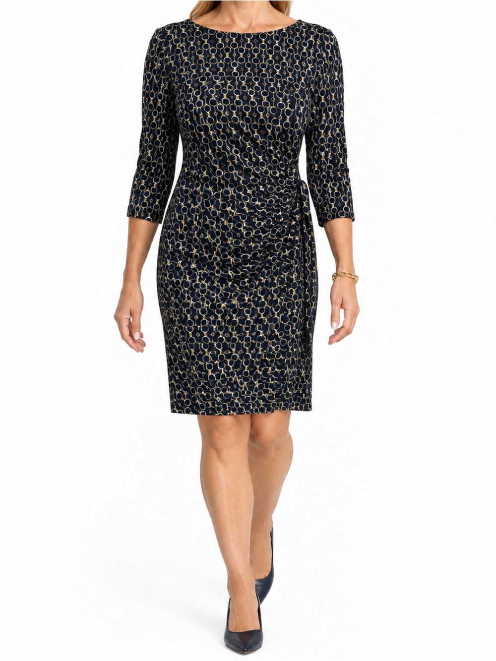 Chaps Navy Jersey Ruched Gold Chain Link Career Work 3/4 Sleeve Dress [size XL]